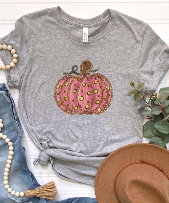 Leopard Pumpkin Fall Tshirt, Pink Pumpkin Shirt, Thanksgiving T-Shirt, Animal Print Fall Tshirt, Cute Pumpkin Shirt For Her, Womens Fall Tee 4