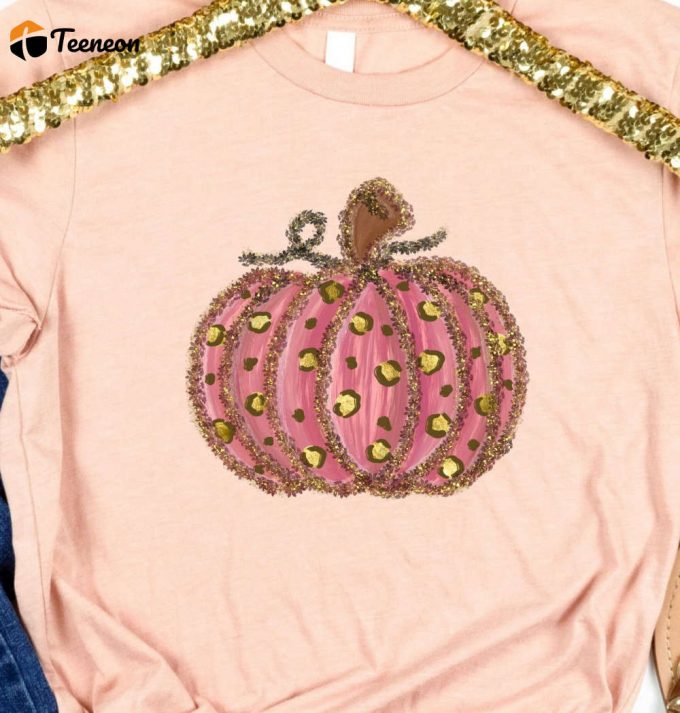 Leopard Pumpkin Fall Tshirt, Pink Pumpkin Shirt, Thanksgiving T-Shirt, Animal Print Fall Tshirt, Cute Pumpkin Shirt For Her, Womens Fall Tee 1