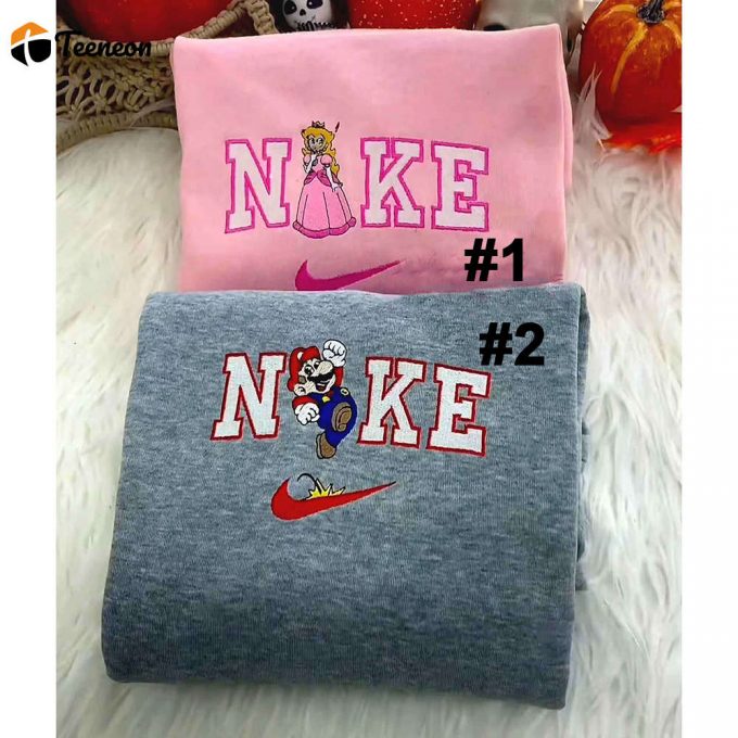 Mario And Princess Peach Couple Nike Embroidered Sweatshirts 1