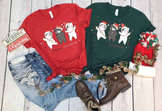 Meowy Christmas Shirt, Christmas Cats Shirt, Merry Christmas Tshirt, Meowy Tees, Funny Christmas Outfits, Christmas Gift Ideas For Cat Lover 2