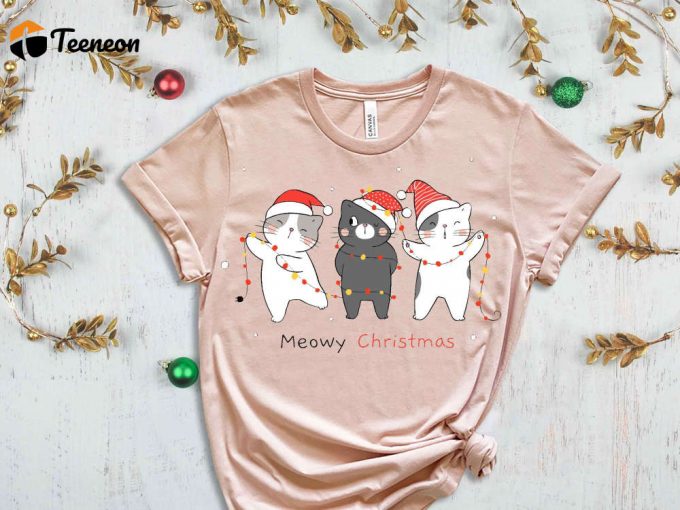 Meowy Christmas Shirt, Christmas Cats Shirt, Merry Christmas Tshirt, Meowy Tees, Funny Christmas Outfits, Christmas Gift Ideas For Cat Lover 1