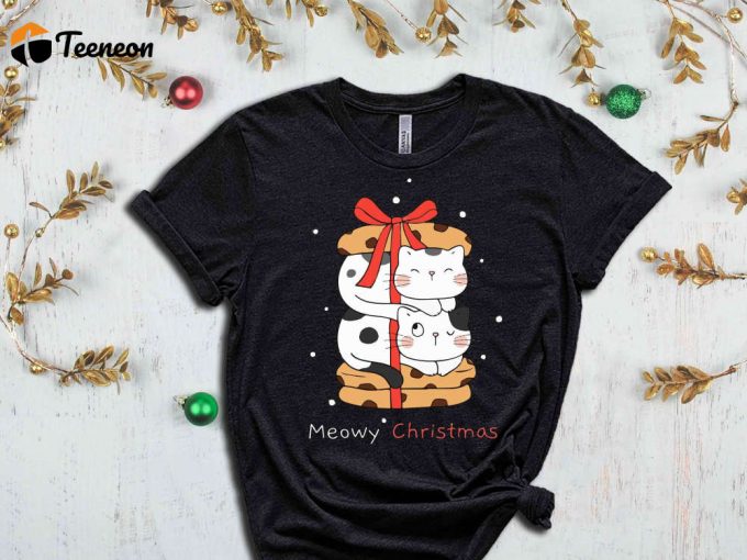Meowy Christmas T-Shirt, Christmas Cat Shirt, Cat Present For Christmas, Merry Christmas Tees, Funny Christmas Gift For Cat Lover, Cute Cats 1