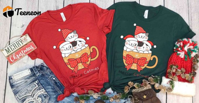 Merry Catmas T-Shirt, Christmas Cat Coffee Shirt, Christmas Latte, Merry Christmas Shirt, Xmas Cat, Christmas Gift, Cat Owner Xmas Giftshirt 1