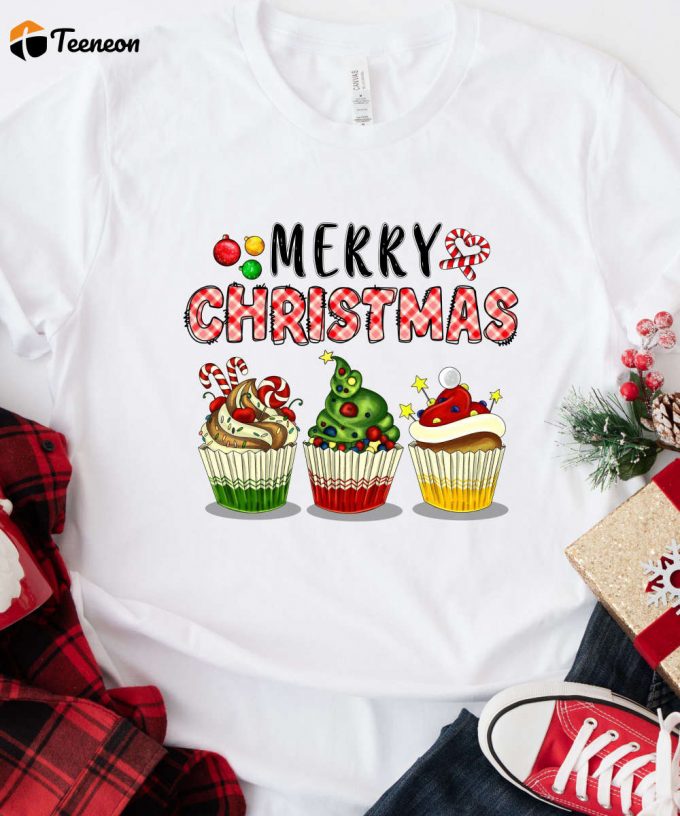 Merry Christmas Cupcakes Tshirt, Holiday Baking T-Shirt, Christmas Gift For Mom, Womens Christmas Tee, Gingerbread Shirt 1