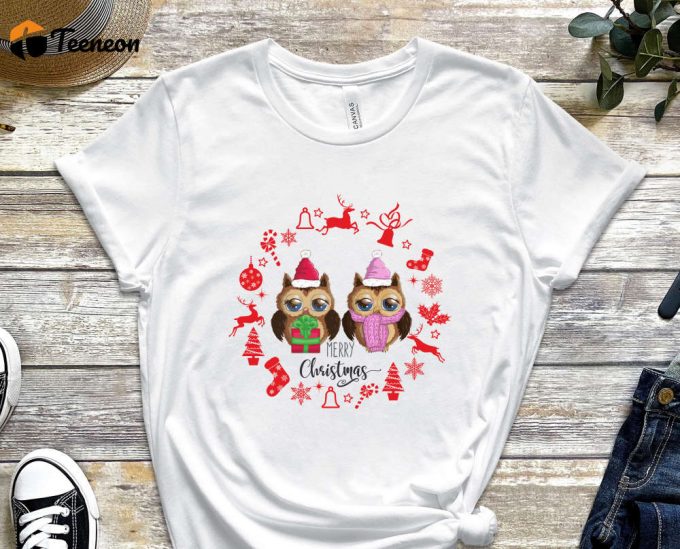 Merry Christmas Owl T-Shirt, Owl Family Shirt, Owl Lover Xmas Gift, Funny Christmas Shirt, Christmas Animals, Cute Christmas Owl Tshirt 1