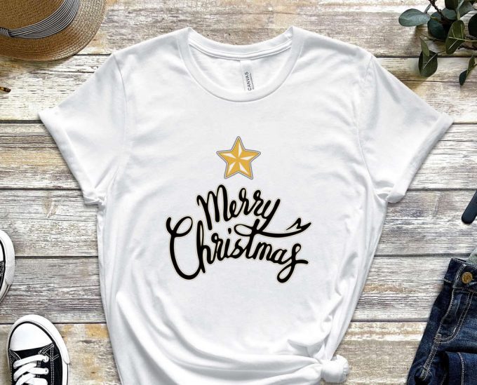 Merry Christmas With Golden Letters T-Shirt, Funny Christmas Tees, Christmas Shirts, Noel Gift, Xmas Party Outfits, Christmas Crew, Xmas Tee 2