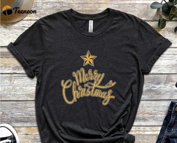 Merry Christmas With Golden Letters T-Shirt, Funny Christmas Tees, Christmas Shirts, Noel Gift, Xmas Party Outfits, Christmas Crew, Xmas Tee 1