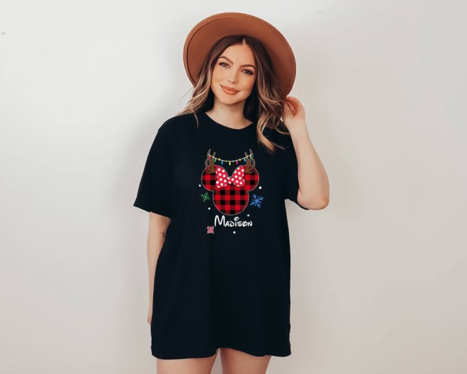 Minnie Christmas T-Shirt: Personalized Disney Shirt With Custom Name Festive Buffalo Plaid And Deer Family Shirts 2