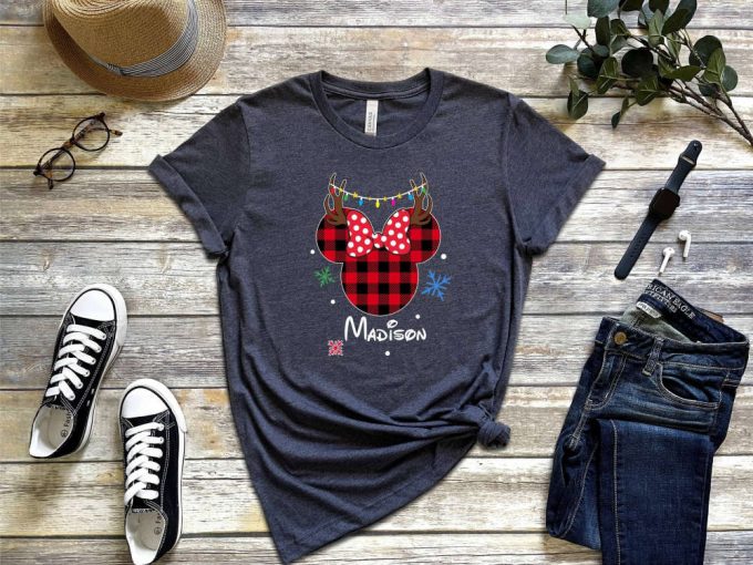 Minnie Christmas T-Shirt: Personalized Disney Shirt With Custom Name Festive Buffalo Plaid And Deer Family Shirts 3