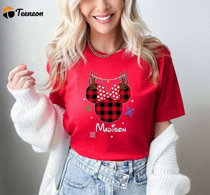 Minnie Christmas T-Shirt: Personalized Disney Shirt With Custom Name Festive Buffalo Plaid And Deer Family Shirts 1