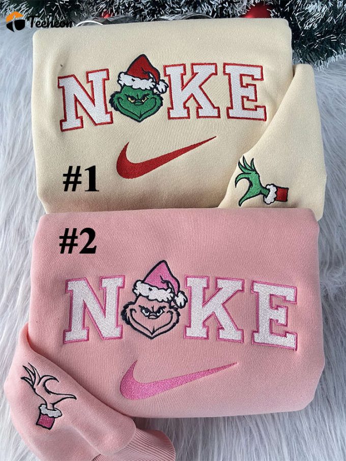 Mrs And Mr Grinch Christmas Nike Embroidered Sweatshirt, Christmas Gift For Couple 1