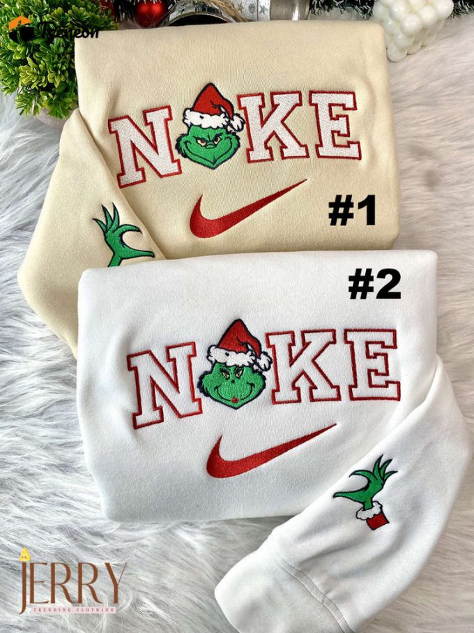 Mrs And Mr Grinch Face Christmas Nike Embroidered Sweatshirt, Christmas Gift For Couple 1