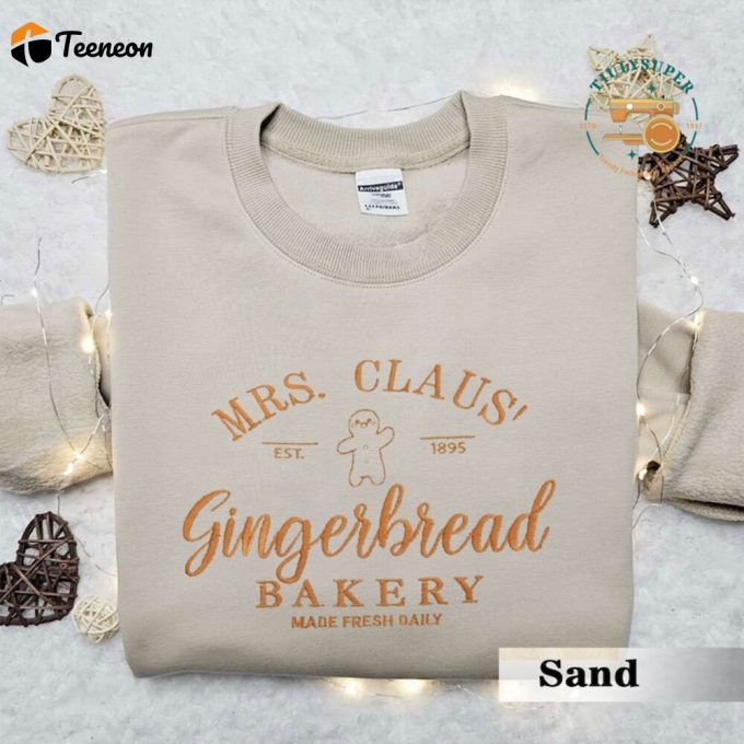 Mrs Claus Gingerbread Christmas Embroidered Sweatshirt, Gingerbread Bakery Sweatshirt, Xmas Sweatshirt, Embroidered Christmas Pullover 1