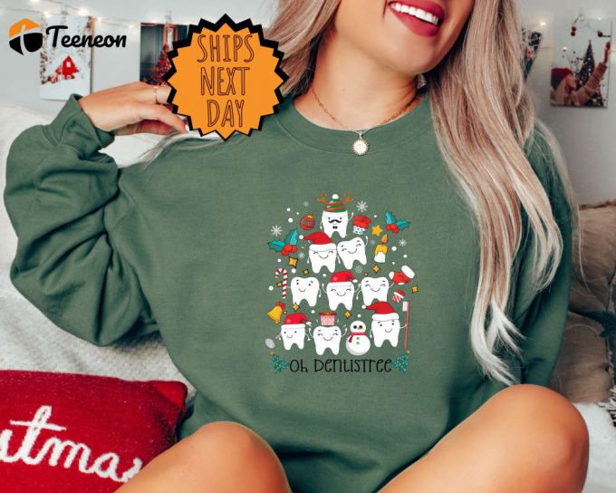 Oh Dentistree Teeth Tree Sweatshirt, Christmas Groovy Tooth Crewneck, Dentist Assistant Retro Sweater, Dental Hygienist Xmas Santa Sweater 1