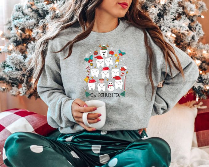 Oh Dentistree Teeth Tree Sweatshirt, Christmas Groovy Tooth Crewneck, Dentist Assistant Retro Sweater, Dental Hygienist Xmas Santa Sweater 2