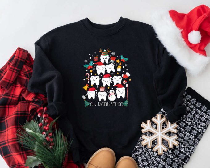 Oh Dentistree Teeth Tree Sweatshirt, Christmas Groovy Tooth Crewneck, Dentist Assistant Retro Sweater, Dental Hygienist Xmas Santa Sweater 3