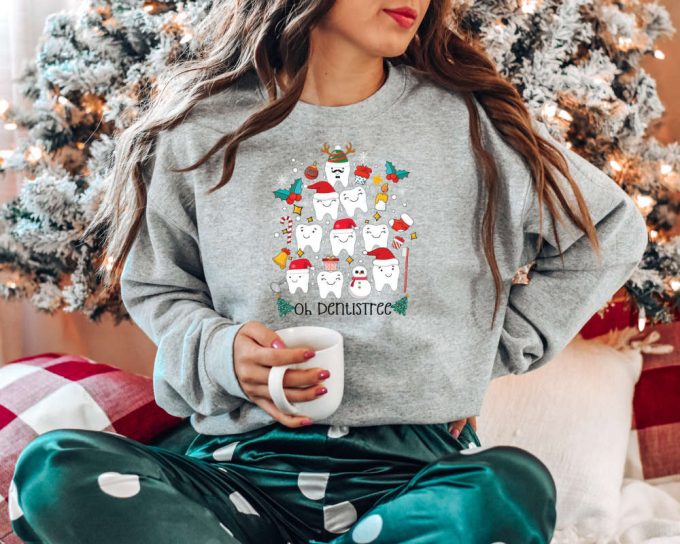 Oh Dentistree Teeth Tree Sweatshirt, Christmas Groovy Tooth Crewneck, Dentist Assistant Retro Sweater, Dental Hygienist Xmas Santa Sweater 2