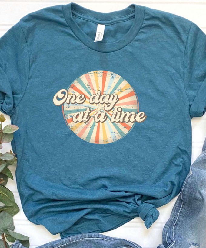 One Day At A Time Retro Motivational Shirt, Retro Women'S Shirt, Boho T-Shirt For Her, Motivational Saying Graphic Tee, Yoga Shirt 2