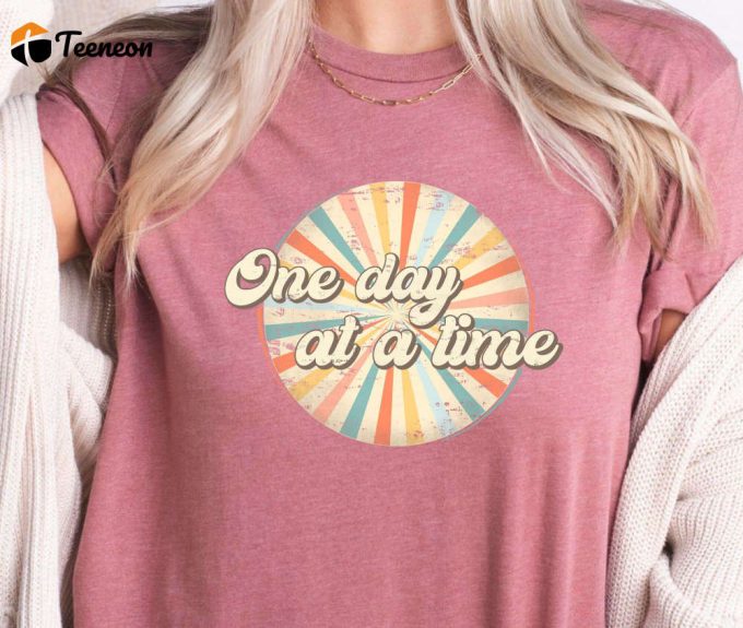 One Day At A Time Retro Motivational Shirt, Retro Women'S Shirt, Boho T-Shirt For Her, Motivational Saying Graphic Tee, Yoga Shirt 1