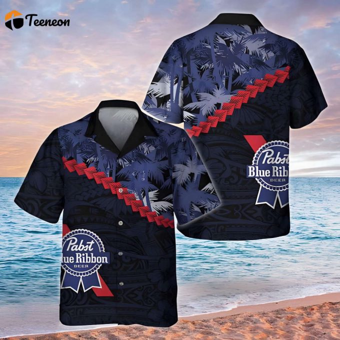 Pabst Blue Ribbon Palm Tree Blend Polynesian Pattern Hawaiian Shirt Gift For Men And Women 1
