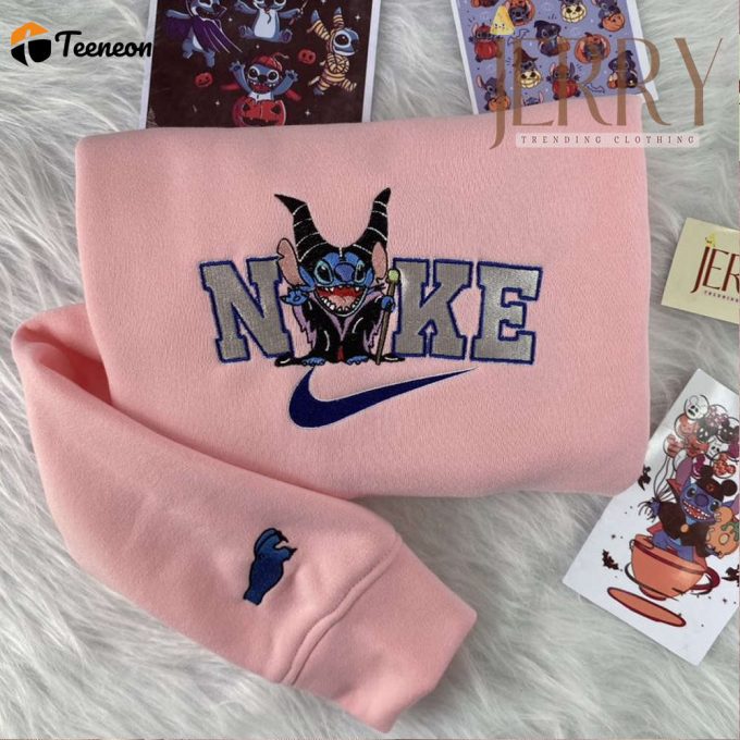 Personalized Maleficent Stitch Nike Embroidered Sweatshirt, Perfect Couple Gift For Halloween