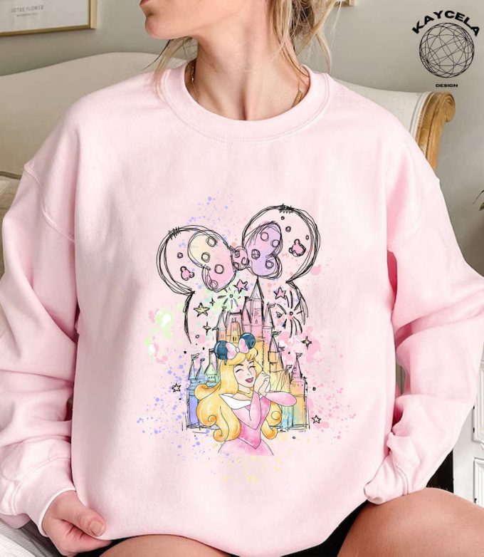 Disney Princess Aurora Shirt With Minnie Ears - Perfect For Magic Kingdom Disney Trip Birthday Girl Watercolor Castle Tee 2