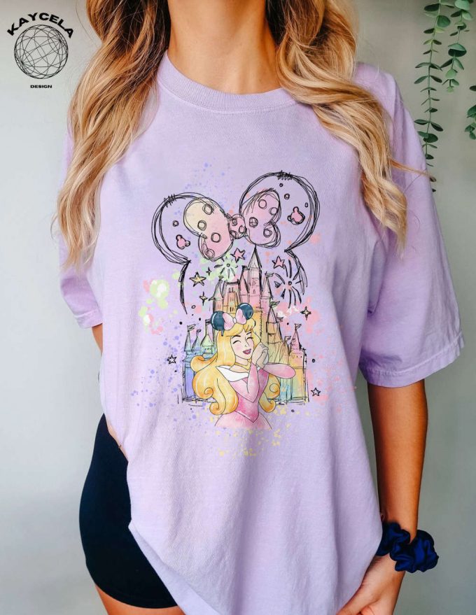 Disney Princess Aurora Shirt With Minnie Ears - Perfect For Magic Kingdom Disney Trip Birthday Girl Watercolor Castle Tee 3