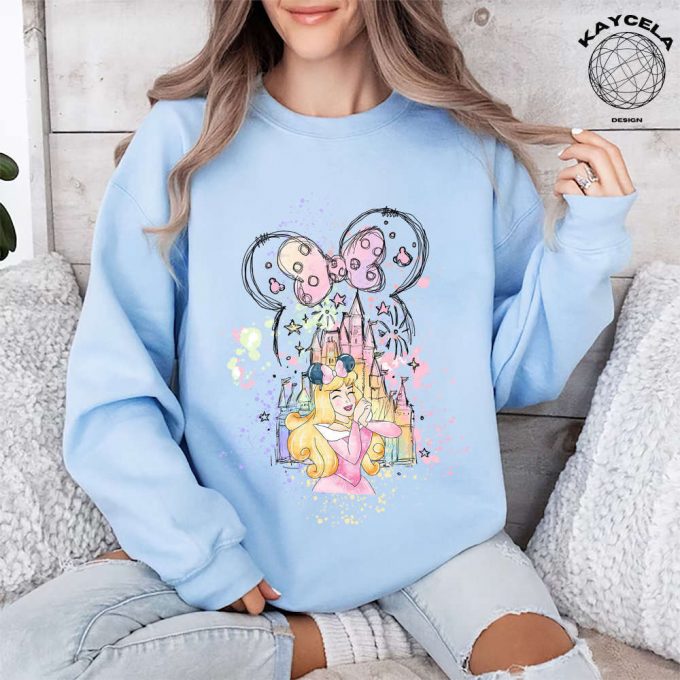 Disney Princess Aurora Shirt With Minnie Ears - Perfect For Magic Kingdom Disney Trip Birthday Girl Watercolor Castle Tee 4