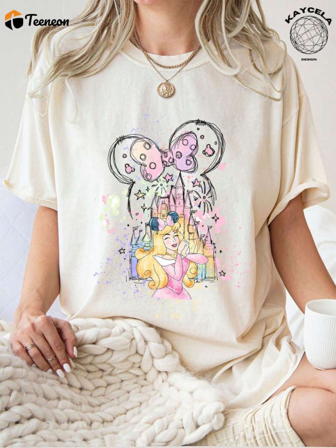 Disney Princess Aurora Shirt With Minnie Ears - Perfect For Magic Kingdom Disney Trip Birthday Girl Watercolor Castle Tee 1