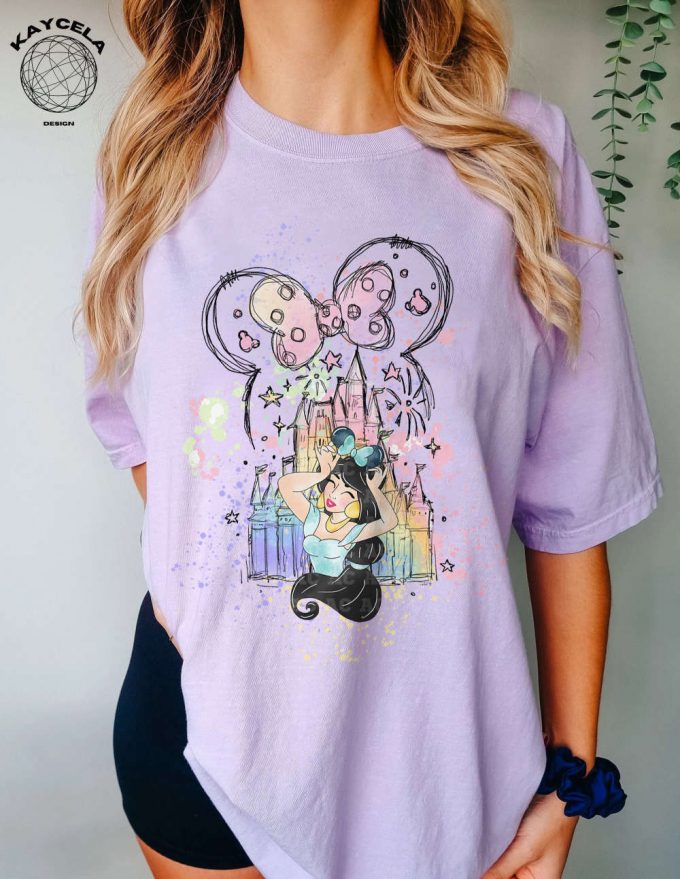 Princess Jasmine Shirt &Amp; Minnie Ears For Disney Trip: Birthday Girl S Magic Kingdom Adventure With Watercolor Castle Disney Princess Shirt &Amp; Minnie Ears Tee 2