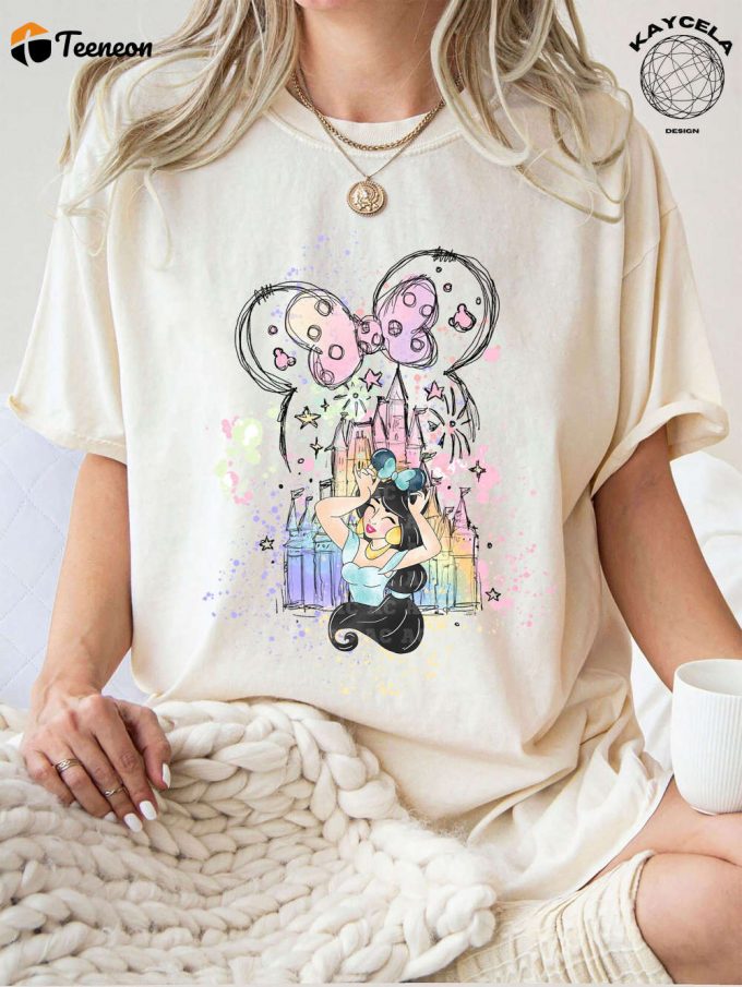 Princess Jasmine Shirt &Amp;Amp; Minnie Ears For Disney Trip: Birthday Girl S Magic Kingdom Adventure With Watercolor Castle Disney Princess Shirt &Amp;Amp; Minnie Ears Tee 1