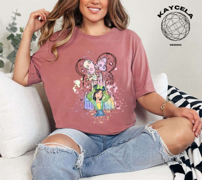 Princess Mulan Shirt With Magic Kingdom Minnie Ears - Disney Princess Tee For Birthday Girl On Disney Trip! Featuring Watercolor Castle 5