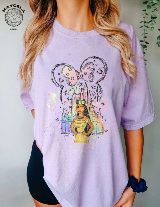 Princess Pocahontas Shirt And Minnie Ears: Disney Trip Birthday Girl Tee With Watercolor Castle - Magic Kingdom 2