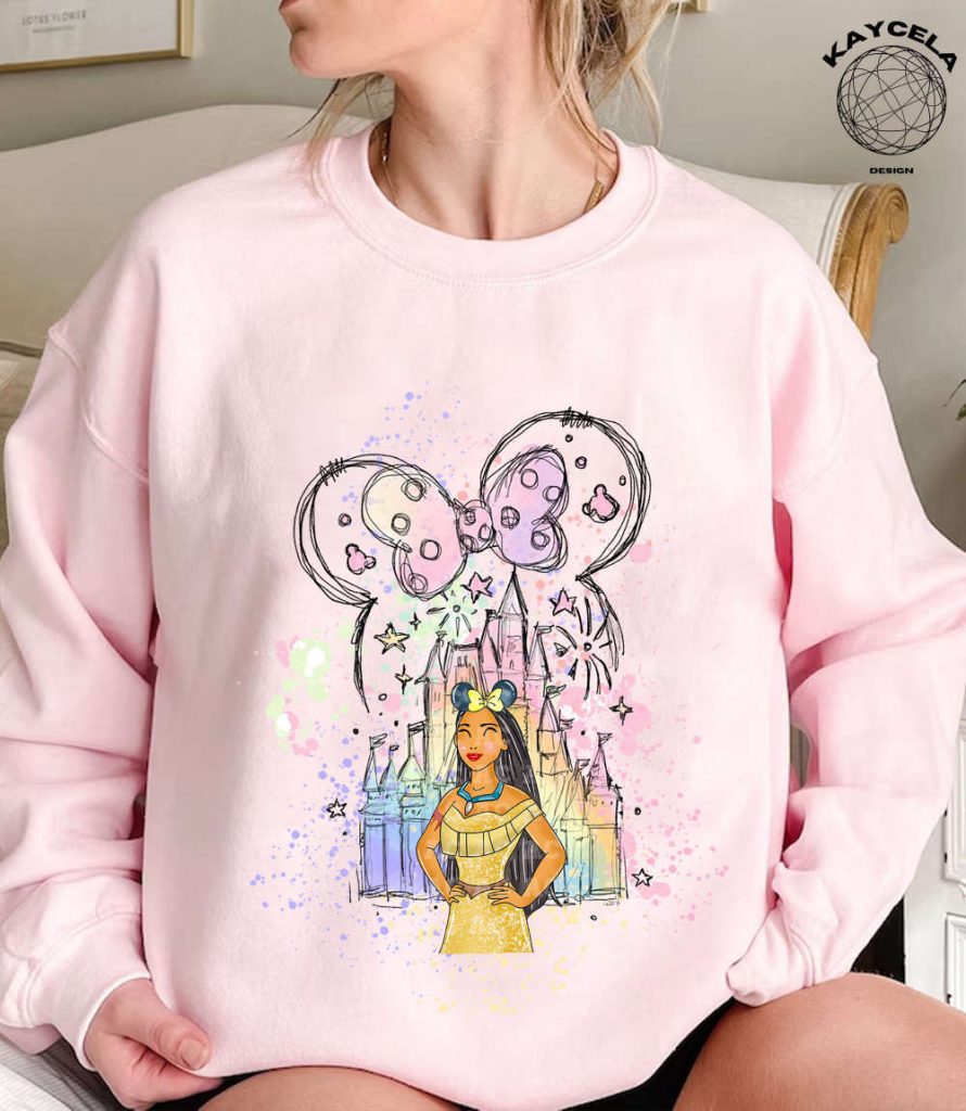 Princess Pocahontas Shirt And Minnie Ears: Disney Trip Birthday Girl Tee With Watercolor Castle - Magic Kingdom 10