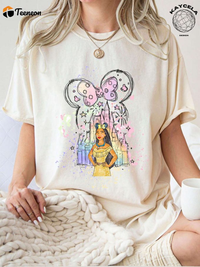 Princess Pocahontas Shirt And Minnie Ears: Disney Trip Birthday Girl Tee With Watercolor Castle - Magic Kingdom 1