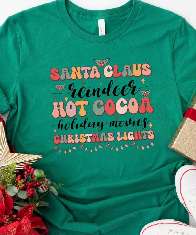 Retro Christmas Tshirt, Santa Claus, Reindeer, Hot Cocoa, Christmas Lights, Womens Christmas Shirt, Christmas Gift For Her, Retro Holiday 2