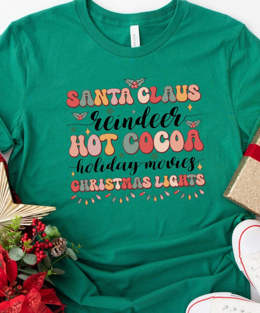 Retro Christmas Tshirt, Santa Claus, Reindeer, Hot Cocoa, Christmas Lights, Womens Christmas Shirt, Christmas Gift For Her, Retro Holiday 7