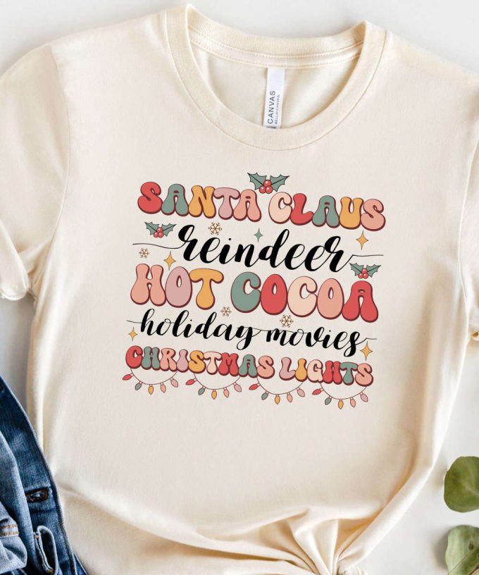 Retro Christmas Tshirt, Santa Claus, Reindeer, Hot Cocoa, Christmas Lights, Womens Christmas Shirt, Christmas Gift For Her, Retro Holiday 3