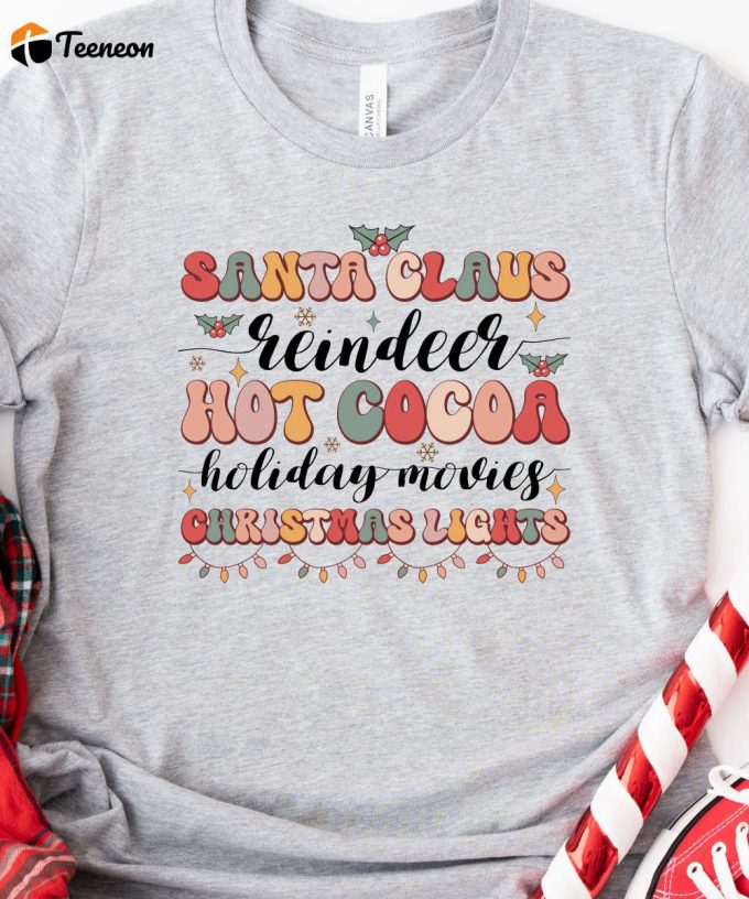 Retro Christmas Tshirt, Santa Claus, Reindeer, Hot Cocoa, Christmas Lights, Womens Christmas Shirt, Christmas Gift For Her, Retro Holiday 1