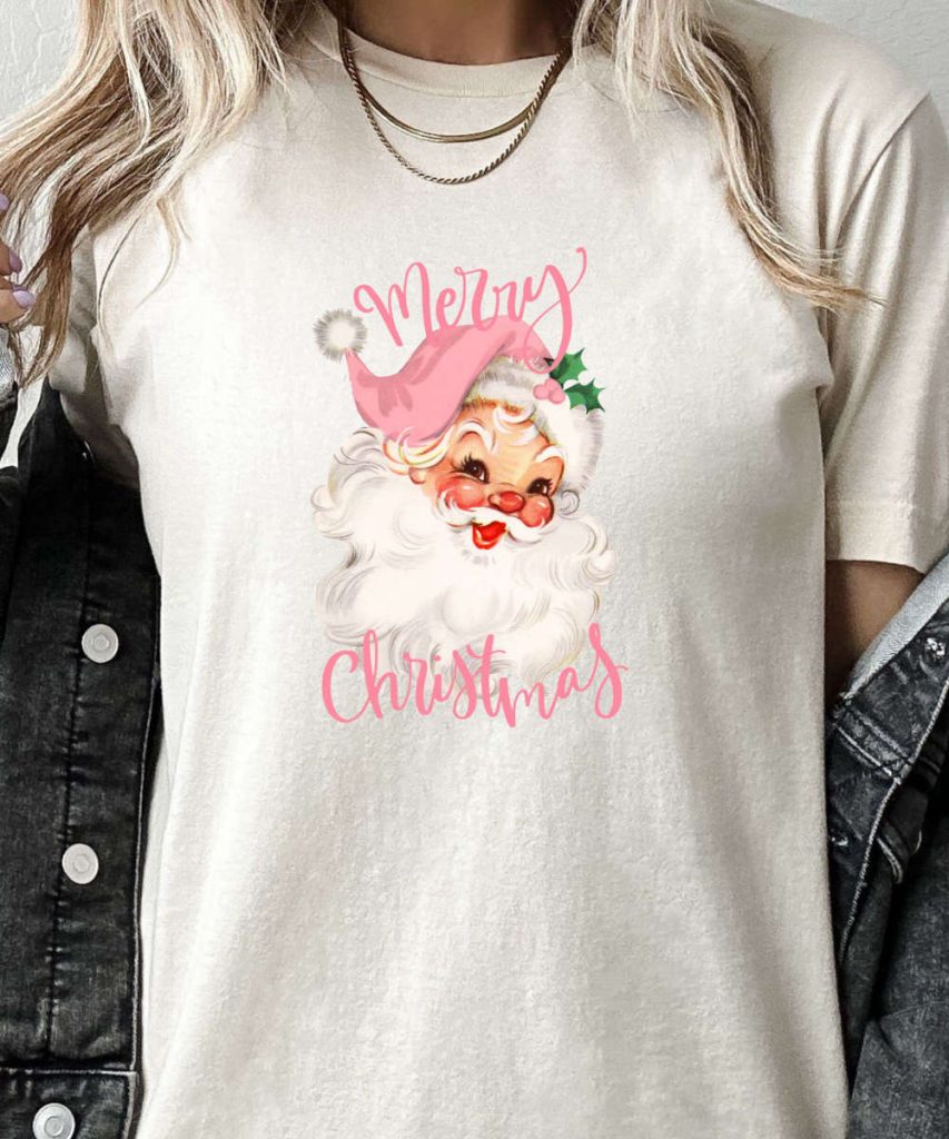 Retro Santa Tshirt, Pink Santa Shirt, Womens Retro Christmas T-Shirt, Christmas Gift For Her, Retro Holiday Tee, Believe Santa Graphic Tee 7