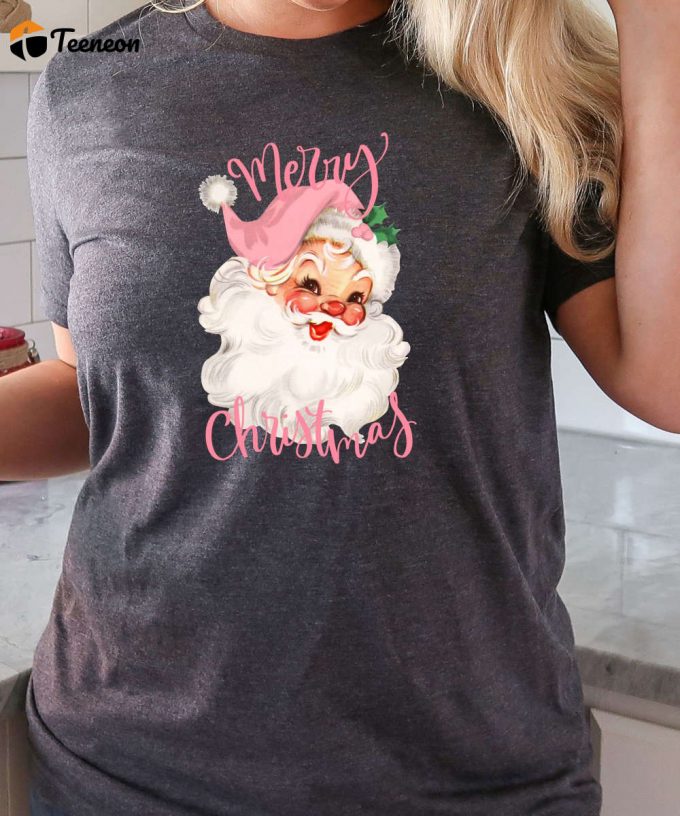 Retro Santa Tshirt, Pink Santa Shirt, Womens Retro Christmas T-Shirt, Christmas Gift For Her, Retro Holiday Tee, Believe Santa Graphic Tee 1