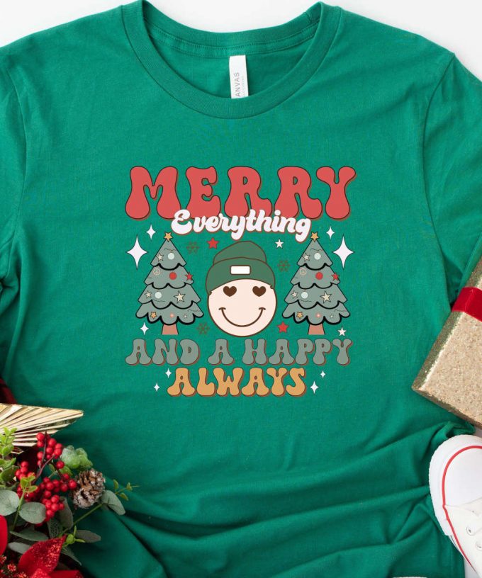 Retro Smiley Emoji Christmas Shirt, Merry Everything And A Happy Always, Hippi Christmas Tshirt, Funny Santa Tee, Christmas Gift For Women 3