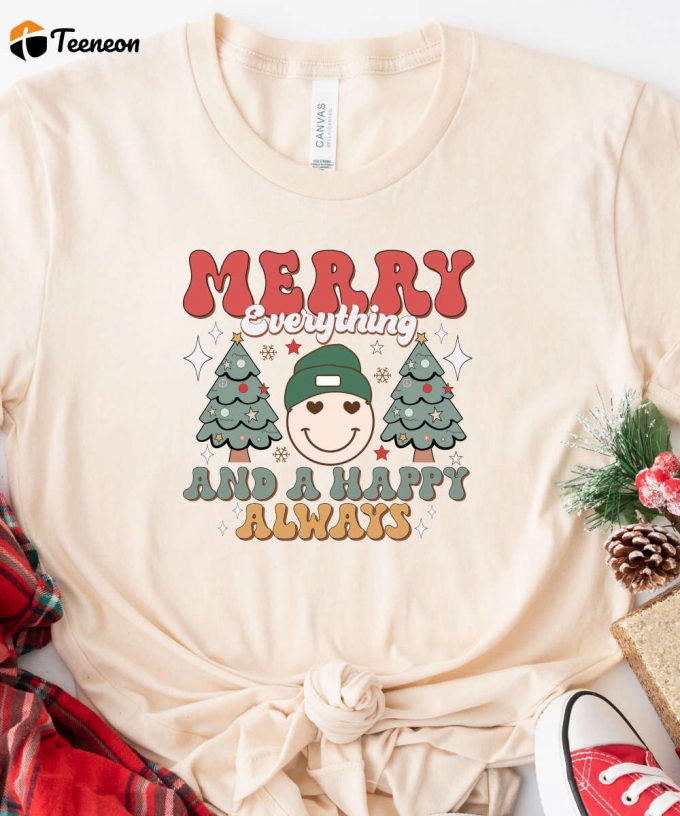 Retro Smiley Emoji Christmas Shirt, Merry Everything And A Happy Always, Hippi Christmas Tshirt, Funny Santa Tee, Christmas Gift For Women 1