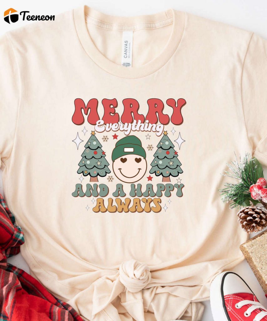 Retro Smiley Emoji Christmas Shirt, Merry Everything And A Happy Always, Hippi Christmas Tshirt, Funny Santa Tee, Christmas Gift For Women 5