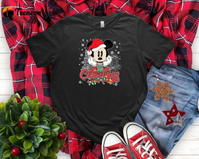 Santa Mickey T-Shirt, Christmas Shirt, Santa Hat Shirt, Mickey Mouse Shirt, Disney Shirt, Xmas Party, Retro Cartoon Shirt, Disney Family Tee 1