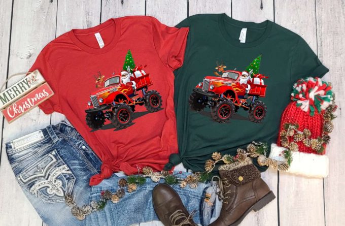 Santa'S Monster Truck T-Shirt, Santa Shirt, Xmas Shirt For Boys, Santa Truck Shirt, Funny Santa Shirt, Red Christmas Truck, Holiday Shirt 2