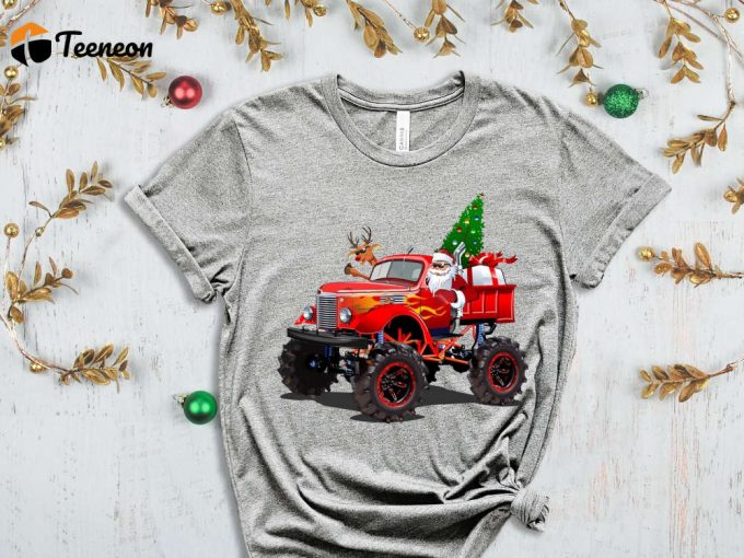 Santa'S Monster Truck T-Shirt, Santa Shirt, Xmas Shirt For Boys, Santa Truck Shirt, Funny Santa Shirt, Red Christmas Truck, Holiday Shirt 1