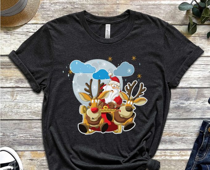 Santa'S Reindeer Shirt, Christmas Deer Shirt, Santa'S Sleigh, Flying Santa, Funny Christmas Shirt, Moon Christmas Shirt, Reindeer Tshirt 2