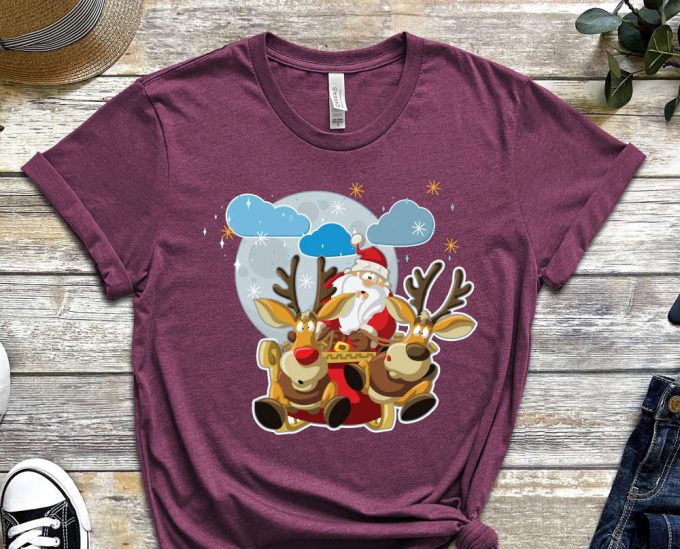 Santa'S Reindeer Shirt, Christmas Deer Shirt, Santa'S Sleigh, Flying Santa, Funny Christmas Shirt, Moon Christmas Shirt, Reindeer Tshirt 3