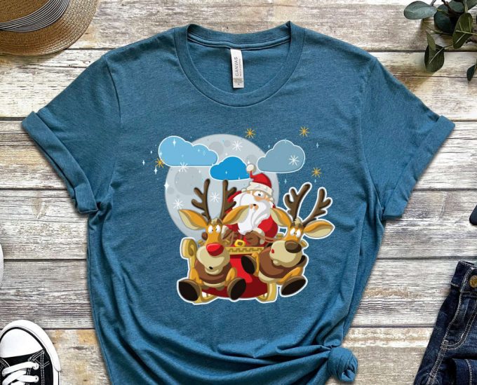 Santa'S Reindeer Shirt, Christmas Deer Shirt, Santa'S Sleigh, Flying Santa, Funny Christmas Shirt, Moon Christmas Shirt, Reindeer Tshirt 4